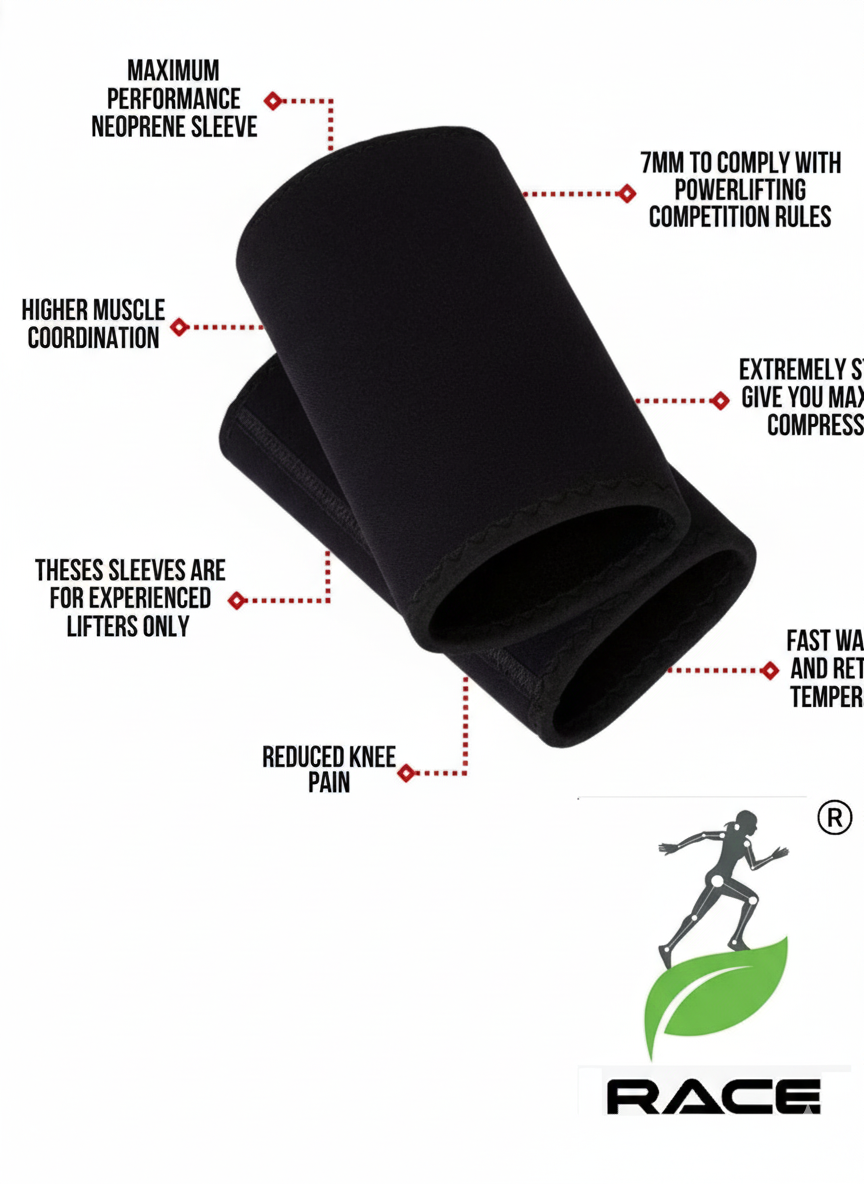RACE FITNESS 7mm Knee Support Neoprene Sleeves for Weight Lifting, Gym, Cross Training, Fitness, Squats, Powerlifting