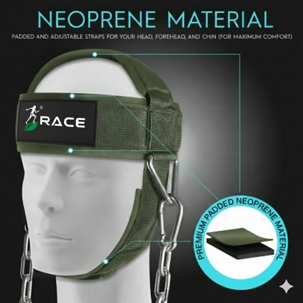 Race Fitness Neck and Head Strengthening Equipment Weight Harness Thick Padded Adjustable Strap with Heavy Duty Steel Chain & Rings for Gym Crossfit Fitness Training Injury Rehab