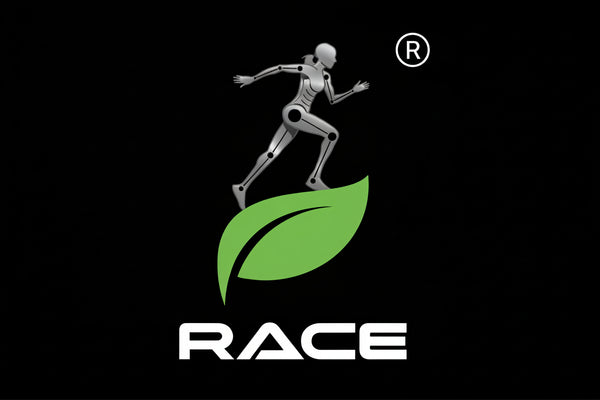 Logo with a running person silhouette on a green leaf and 'RACE' text below, on a black background.
