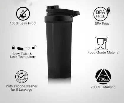 RACE Cyclone Blender Shaker (Black, 700ml) | 100% Leakproof, BPA-Free Blender Bottle | Ideal for Whey Protein, Preworkout & BCAA Shakes